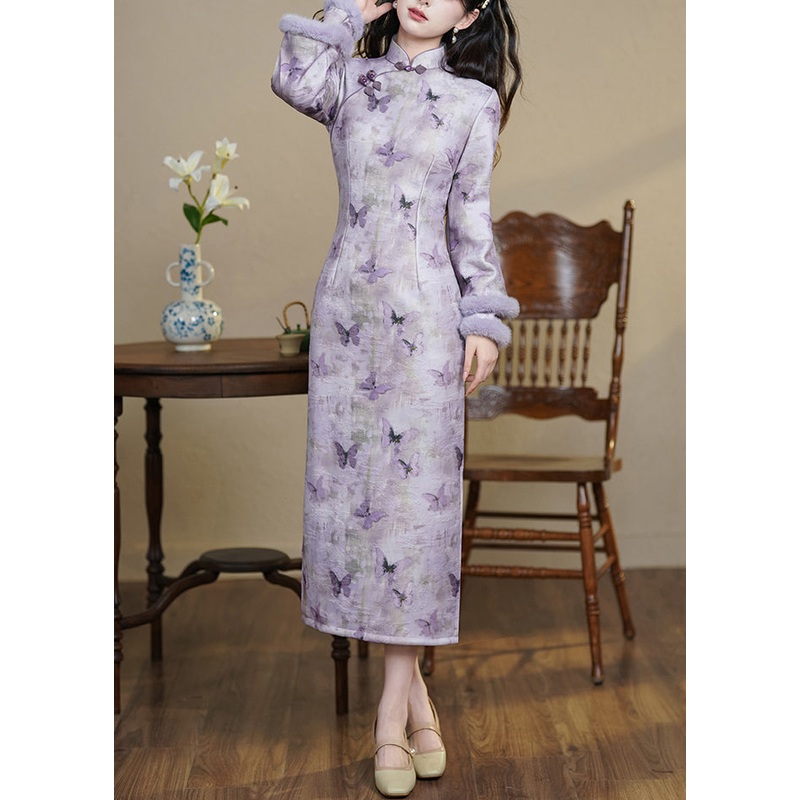 Art Purple Stand Collar Butterfly Side Open Warm Fleece Long Dresses Winter