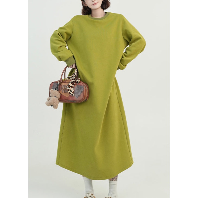 Beautiful Green O Neck Long Cotton Straight Dress Fall