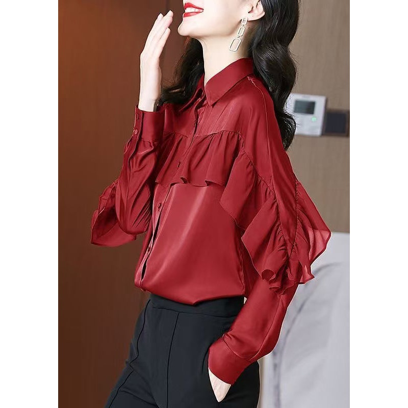 Beautiful Red Peter Pan Collar Ruffled Patchwork Silk Shirts Spring