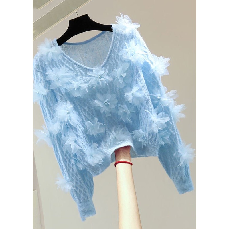 Blue Nail Bead Cotton Knit Sweater Long Sleeve