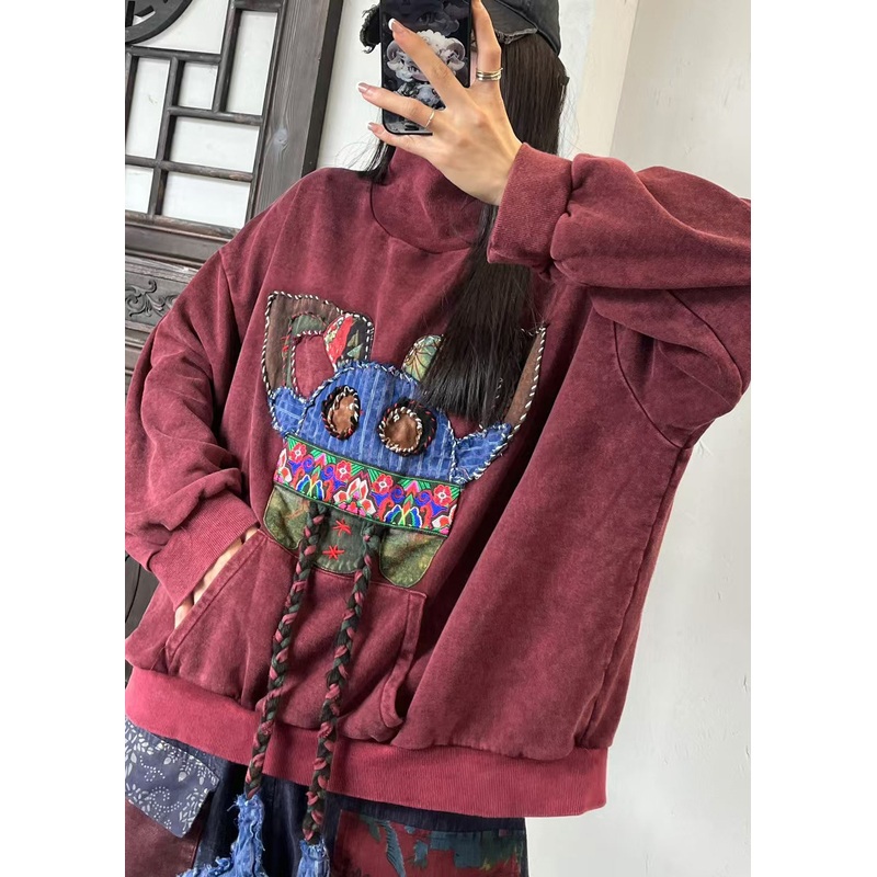 Bohemian Mulberry Hign Neck Embroidered Cotton Sweatshirts Spring