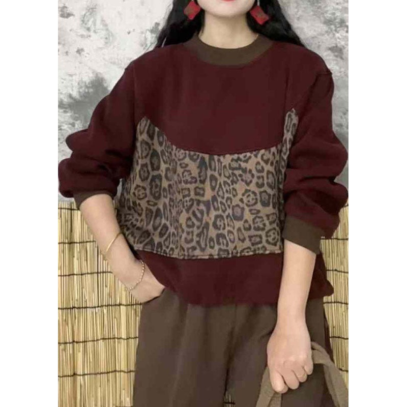 Bohemian Mulberry O Neck Leopar Patchwork Warm Fleece Top Winter