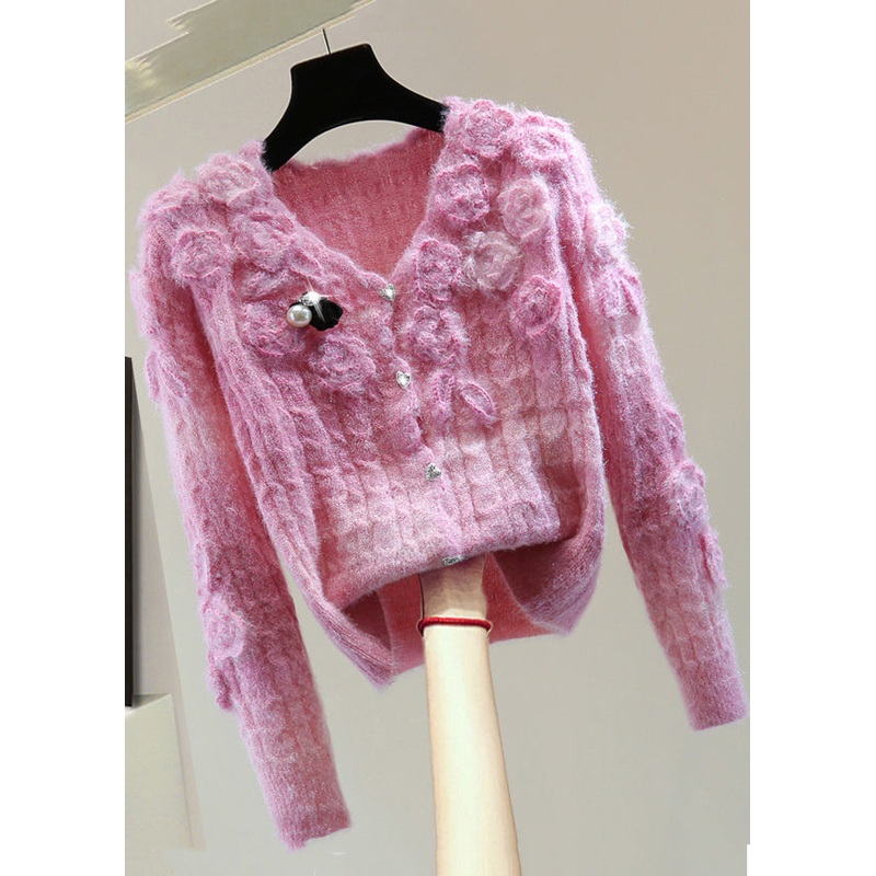 Boho Pink V Neck Floral Zippered Cotton Knit Sweaters Winter