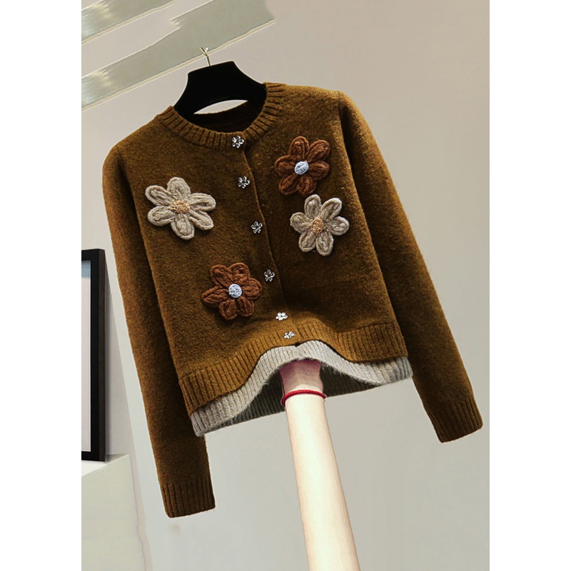 Casual Coffee O-Neck Floral Fake Two Pieces Thick Cotton Knit Sweaters Winter