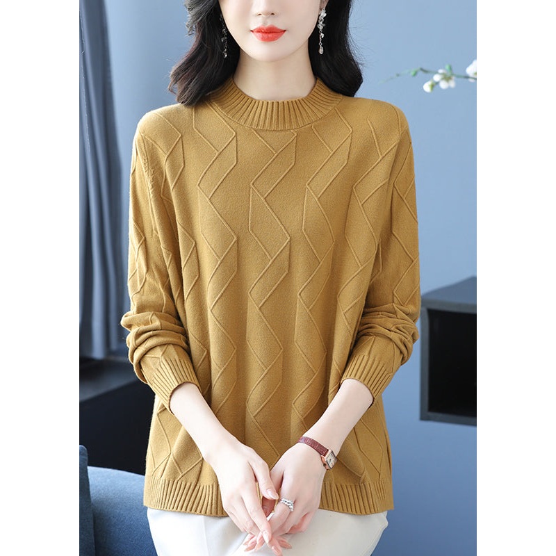 Casual Yellow O Neck Cozy Warm Woolen Knit Pullover Winter