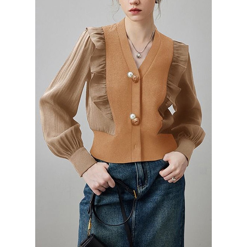 Chic Khaki V Neck Ruffled Patchwork Silk Blouses Spring