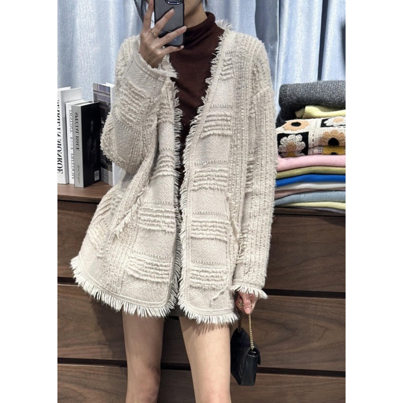 Classy Beige V Neck Tassel Woolen Loose Cardigans Fall