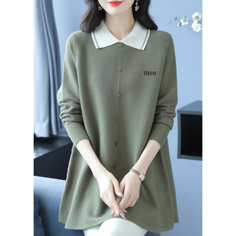 Classy Green Peter Pan Collar Patchwork Woolen Sweaters Winter