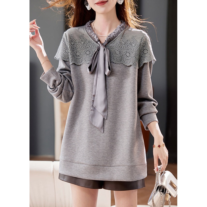 Fashion Grey Lace Up Embroidered Patchwork Cotton Tops Spring