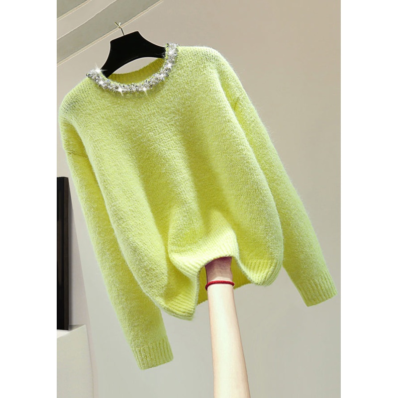 Fine Light Green O-Neck Nail Bead Cotton Knit Sweaters Winter