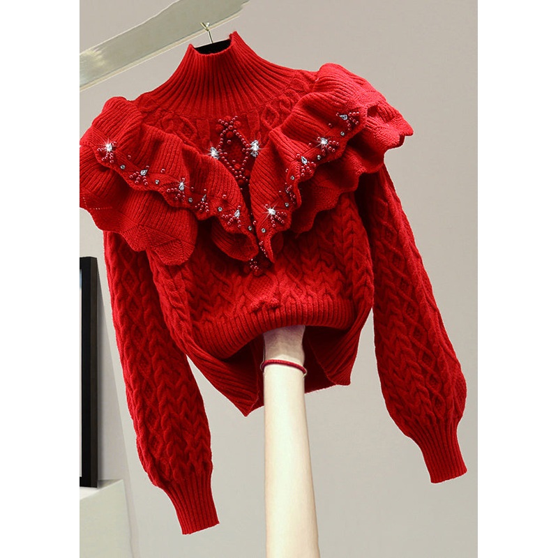 French Red Turtleneck Cotton Knit Sweater Winter