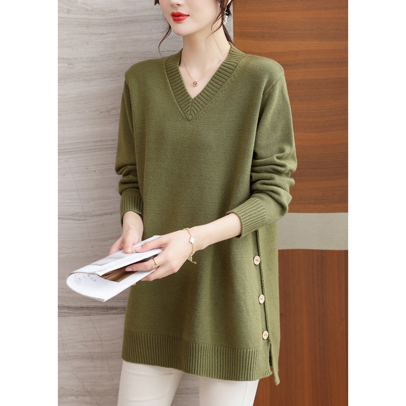 Italian Green V Neck Button Patchwork Woolen Sweaters Winter