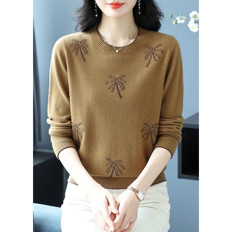 Italian Yellow O Neck Jacquard Zircon Wool Sweaters Winter