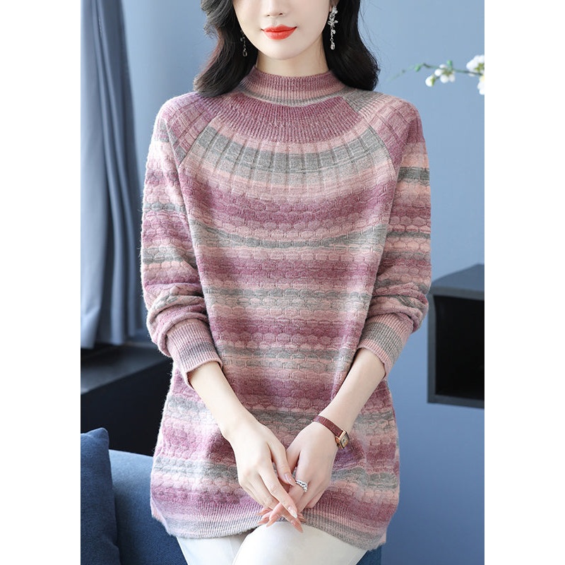 Loose Pink O Neck Jacquard Woolen Sweater Dress Winter