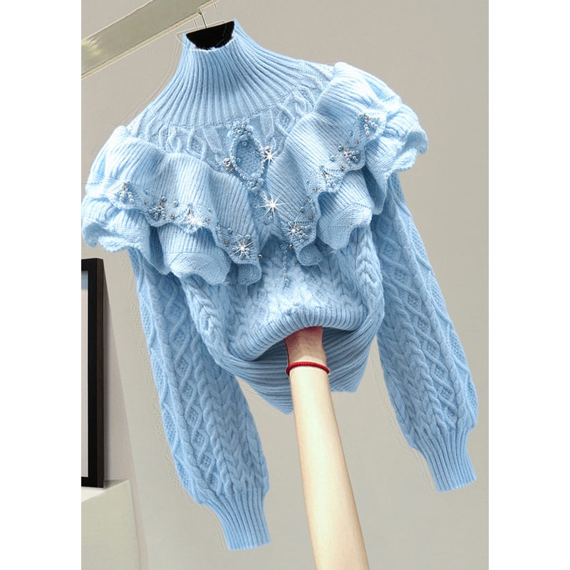 Modern Blue Cable Cotton Knit Sweater Nail Bead Winter