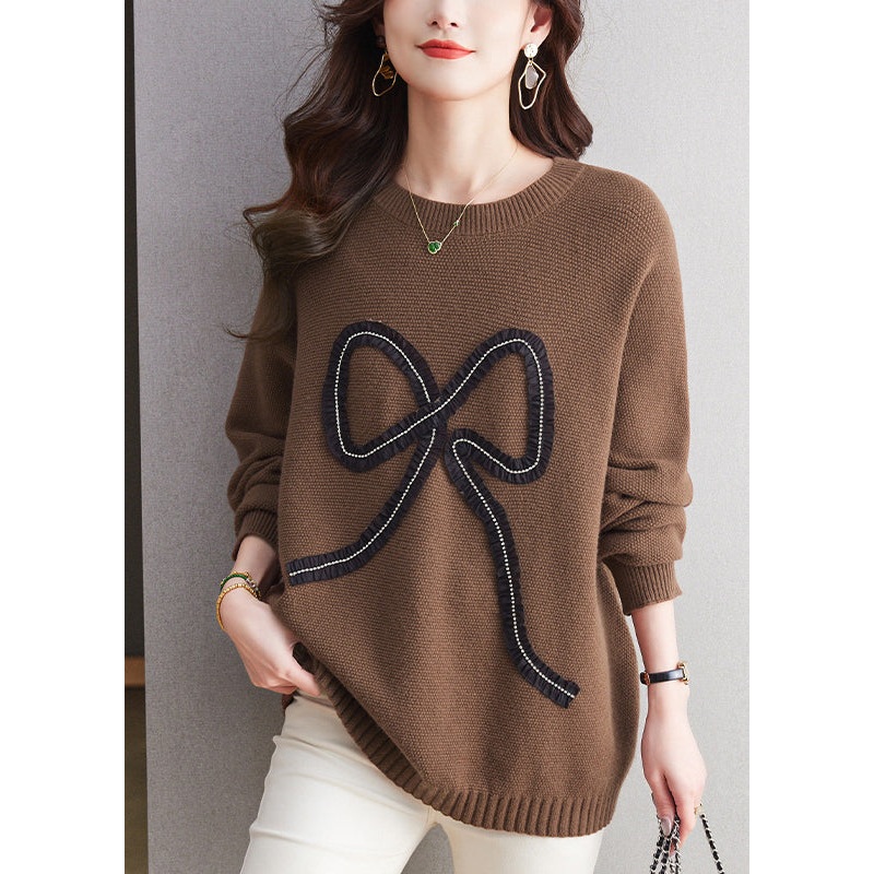 Organic Coffee O Neck Patchwork Woolen Knit Sweaters Winter
