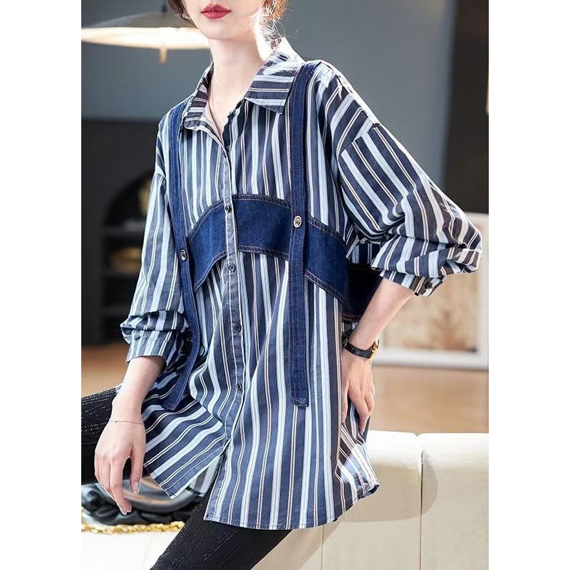 Original Design Blue Striped Patchwork Cotton Shirts Spring