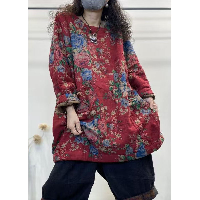 Plus Size Red O Neck Print Fine Cotton Filled Top Winter
