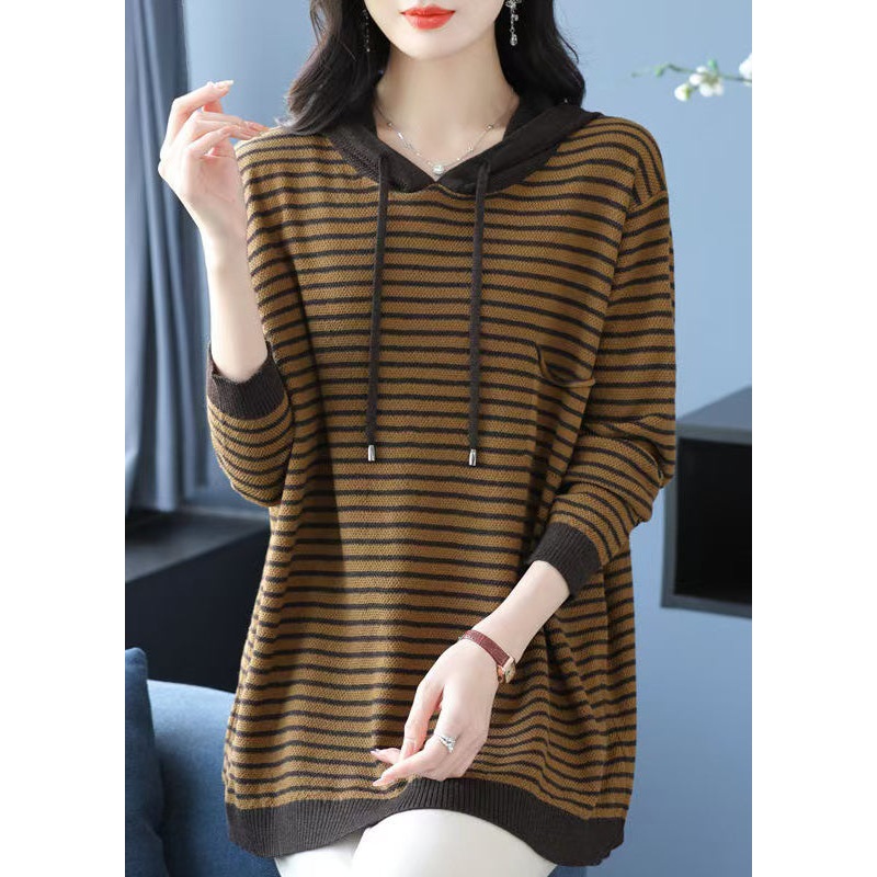 Plus Size Yellow Hooded Striped Woolen Knit Sweaters Winter