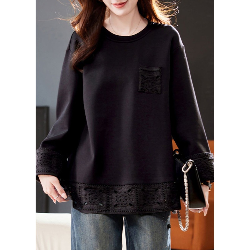 Simple Black O Neck Hollow Out Patchwork Cotton T Shirts Winter