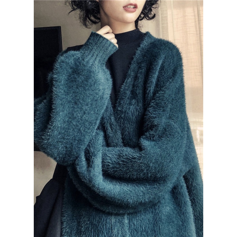 Style Blackish Green V Neck Mink Hair Knitted Cardigan Winter
