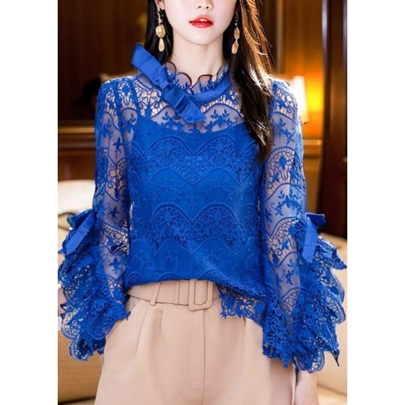 Style Blue Ruffled Hollow Out Lace Shirt Lantern Sleeve