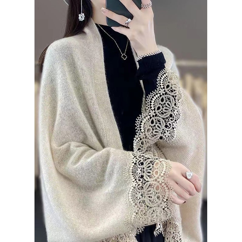 Stylish Beige Hollow Out Lace Patchwork Woolen Cardigans Fall