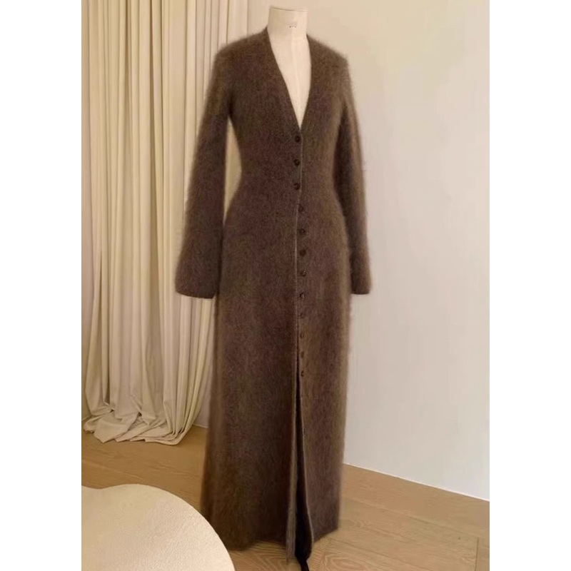 Unique Brown V Neck Button Mink Hair Knitted Cardigan Fall