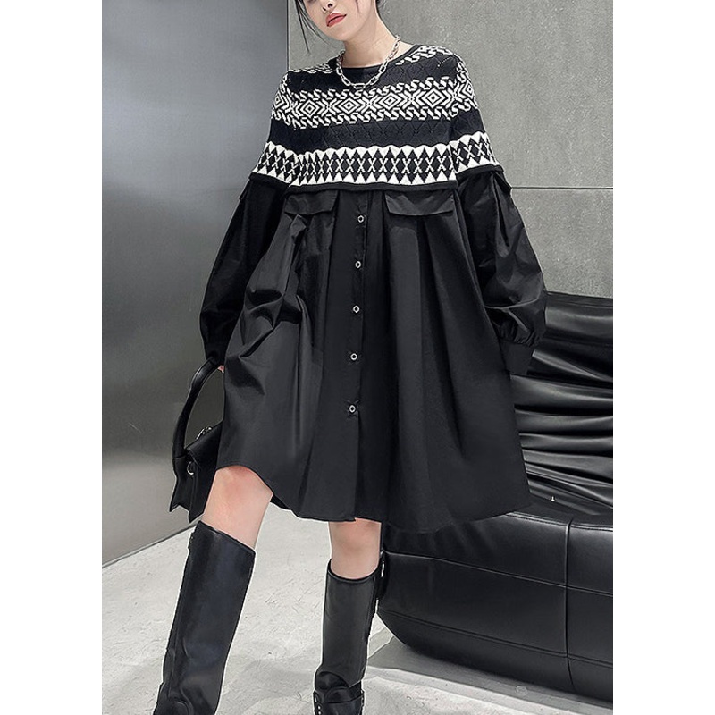 Women Black O Neck Knit Patchwork Cotton Dresses Fall