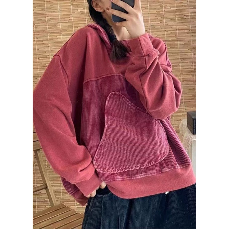 Women Brick Red Hooded Patchwork Cotton Pullover Top Spring