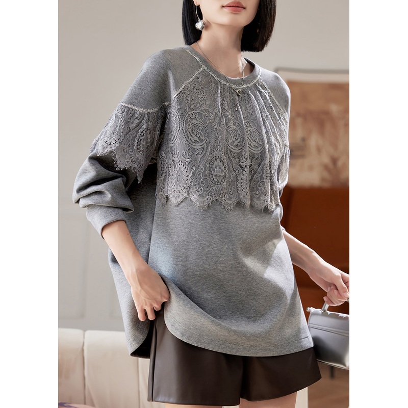 Women Grey O Neck Lace Patchwork Cotton Sweatshirts Spring