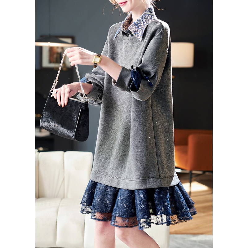 Women Grey Peter Pan Collar Patchwork False Two Pieces Cotton Dress Spring
