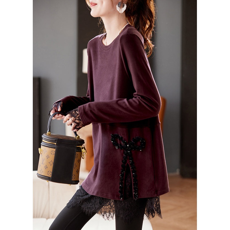 Women Purple Sequins Lace Patchwork T Shirt Spring