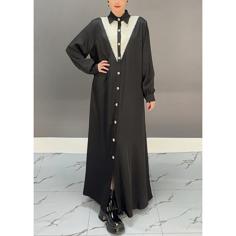 Black Peter Pan Collar Button Party Maxi Dress Spring