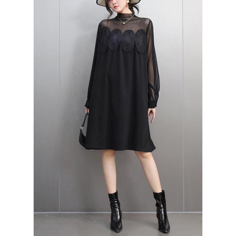Bohemian Black Lace Patchwork Tulle Long Dress Spring