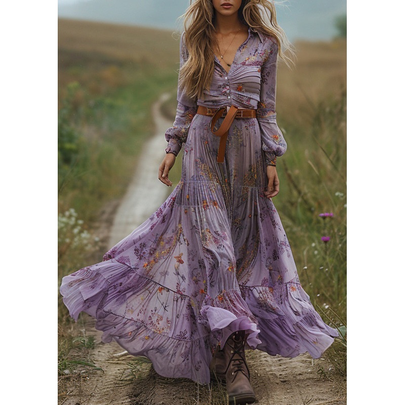 Bohemian Pastoral Purple V Neck Print Dresses Long Sleeve