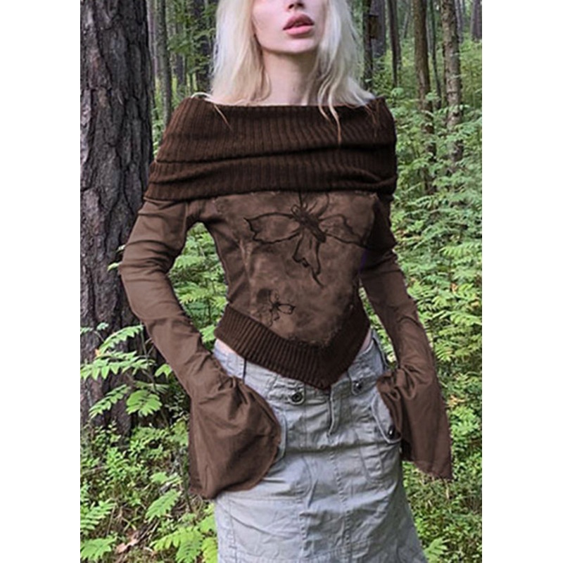 Boho Brown Print Knit Patchwork T Shirts Flare Sleeve