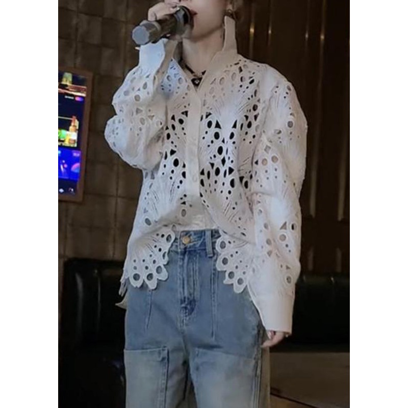 Brief White Peter Pan Collar Hollow Out Lace Shirt Spring