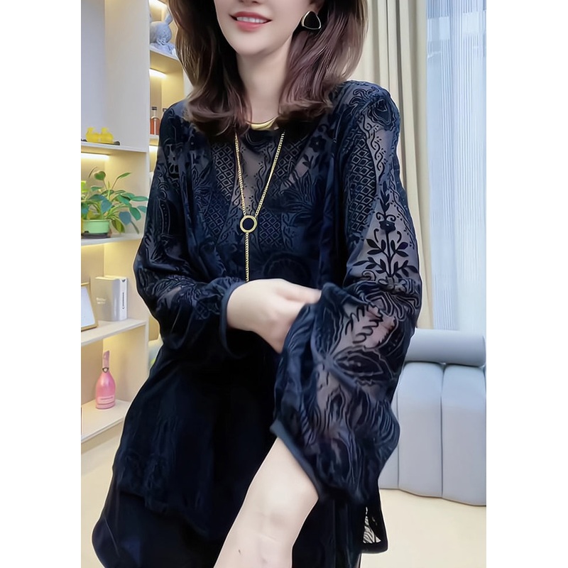 Casual Hollow Out Lace Shirt Black V Neck Spring