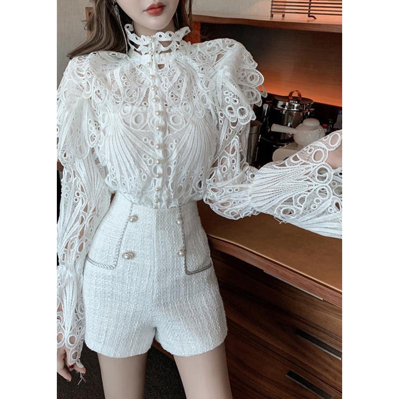 Elegant White Turtleneck Embroidered Lace Shirts Flare Sleeve