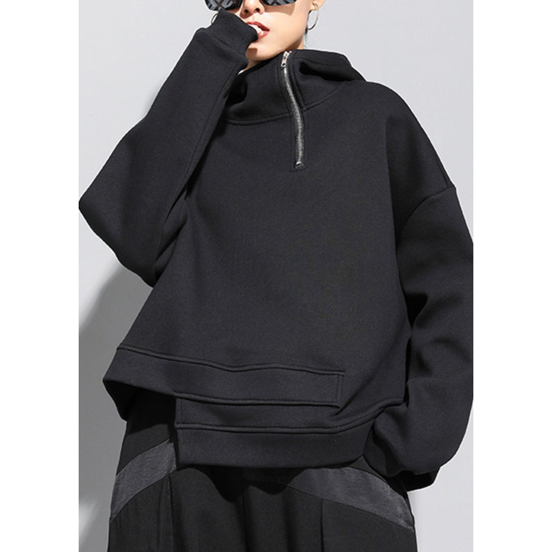 Fitted Black Stand Collar Patchwork Pockets Warm Fleece Hooded Sweatshirt Winter