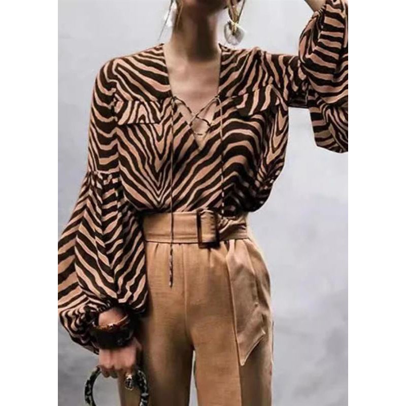 Sexy Zebra Print V-Neck Lace-Up Lantern Sleeve Shirt