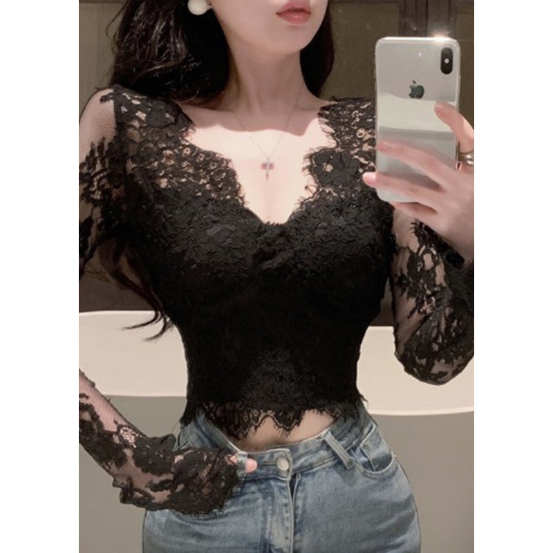 Slim Fit Black V Neck Lace Top Spring
