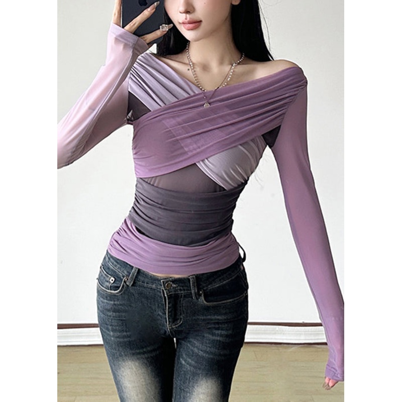 Slim Fit Purple Asymmetrical Patchwork Tulle T Shirts Spring