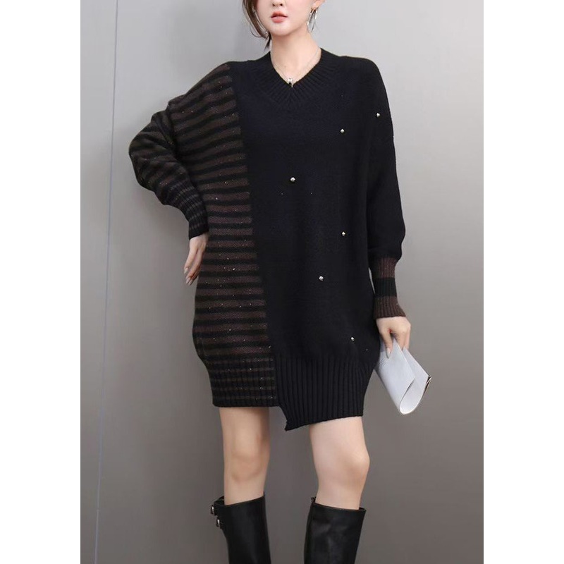 Style Colorblock Thick Striped Nail Bead Cotton Knit Sweaters Winter