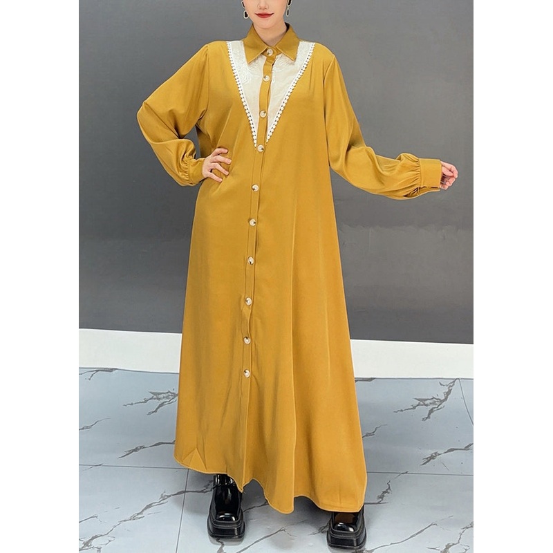 Stylish Yellow Patchwork Nail Bead Long Shirts Dress Spring
