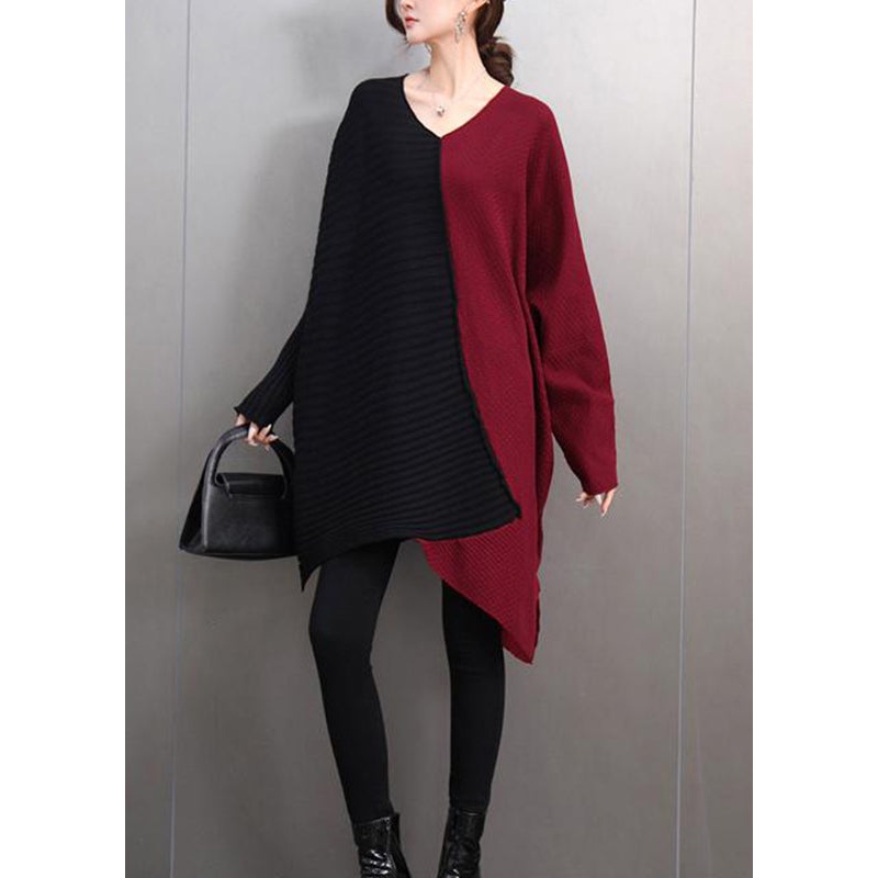 Unique Mulberry V Neck Asymmetrical Cotton Knit Sweaters Batwing Sleev