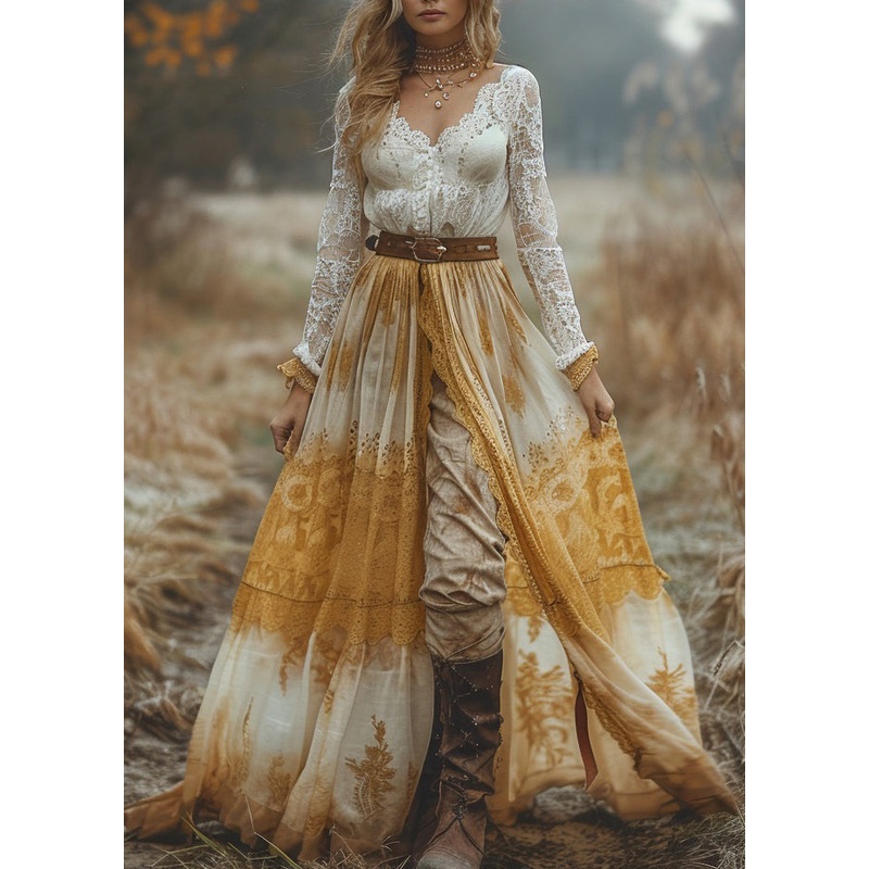 Women V Neck Patchwork Pastoral Style Lace Long Dresses