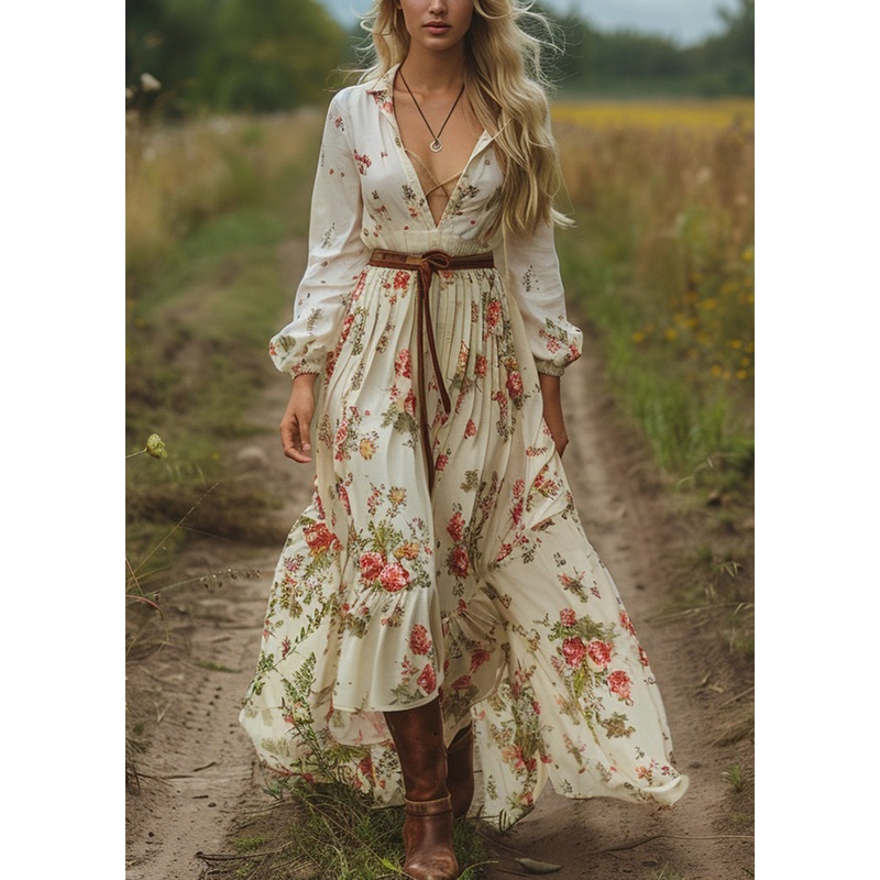 Women V Neck Print Long Sleeve Bohemian Pastoral Dress