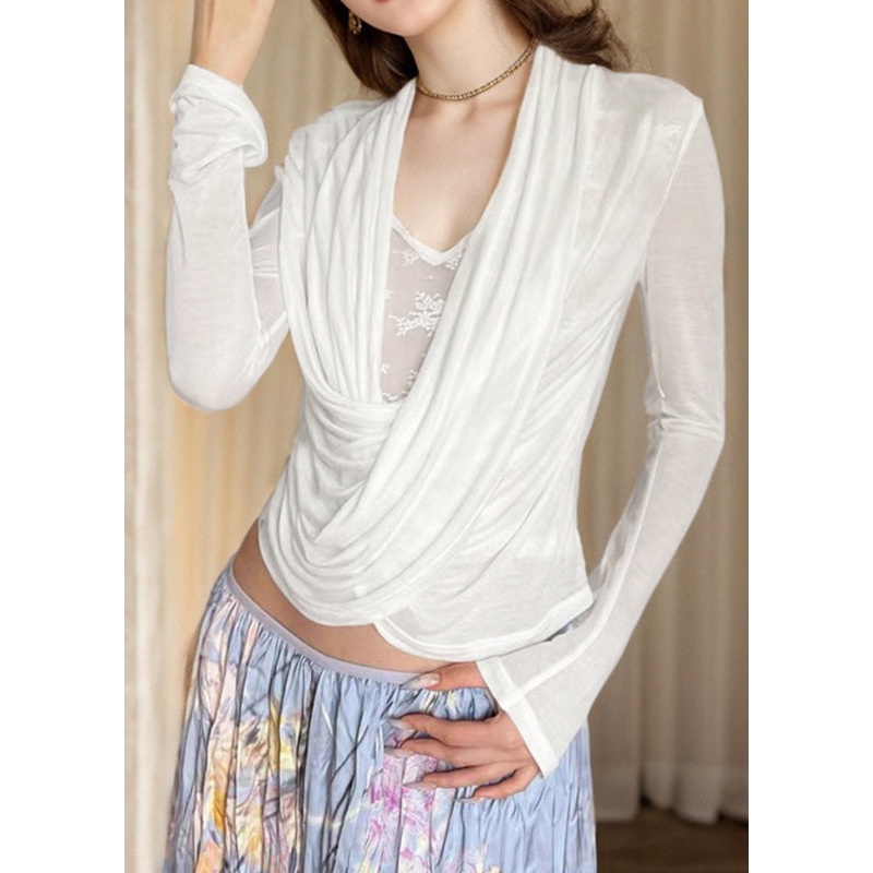Women White V Neck Lace Patchwork Cotton Blouses Spring
